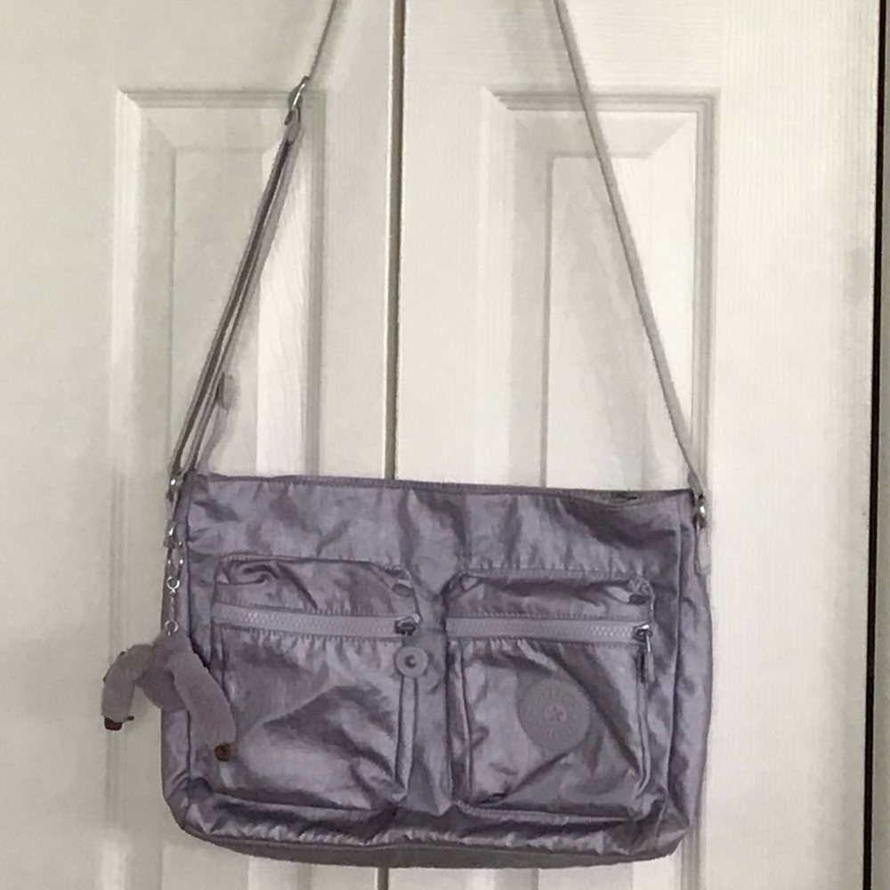 Kipling Coralie Metallic Lavender Gray Crossbody Bag with Monkey Charm